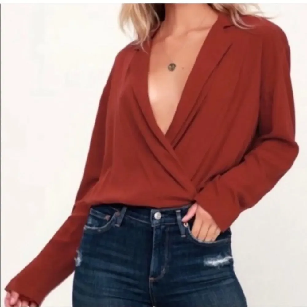 Intimately Free People Elsa rust red plunge wrap lace bottom bodysuit size Large